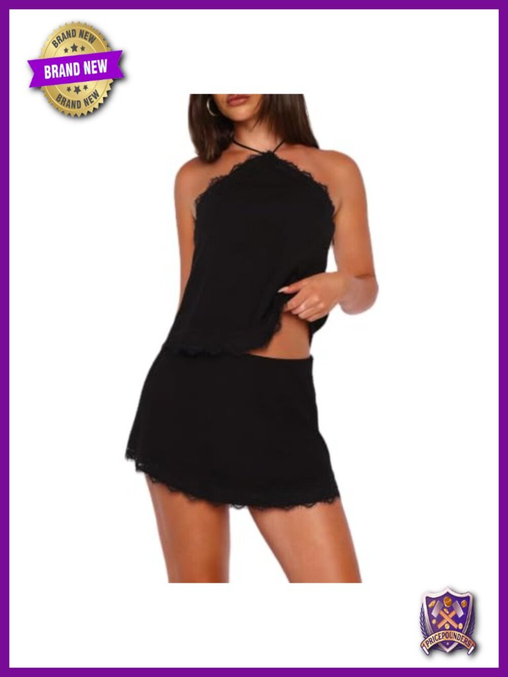 Satin Lace Trim Tank Top & Mini Skirt Set Y2K Tie Back 2 Piece